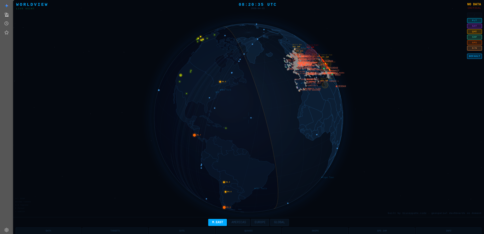 WorldView orthographic globe with live vessels, flights, and GPS-jamming zones